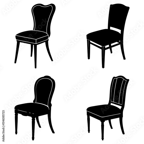 Four black silhouette chairs with different back styles arranged on a white background in a square format