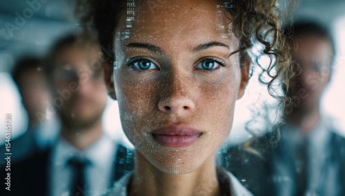 Futuristic Businesswoman Leading A Team, Embodied By A Network Of Data Points Illuminating Her Face, Symbolizing Innovation And Technological Advancement In The Modern Workplace.