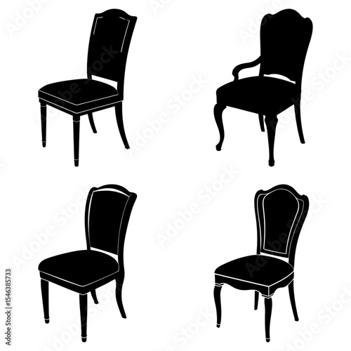 Four elegant black silhouette chairs with classic designs arranged on a white background display