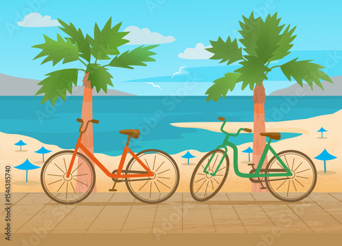 Two bicycles parked on a seaside promenade with palm trees, beach umbrellas, and  sea bay under a blue sky. Summer seascape for travel and leisure themes.