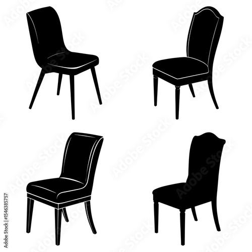 Four silhouette chairs with varying designs arranged on a white background in a symmetrical layout