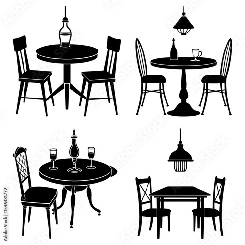 Illustration of four distinct dining table and chair sets in a restaurant setting shown in black silhouette