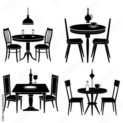 Four different dining table arrangements with chairs and various items on the tables in black silhouette