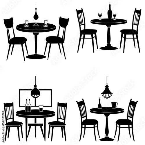 Four dining arrangements featuring tables chairs and various decorative objects in silhouette style art