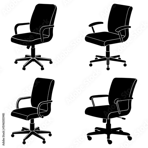 Four black office chairs with armrests and rolling bases arranged in a square pattern on white backdrop