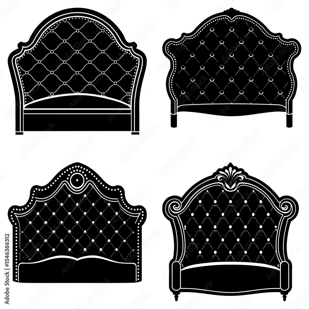 Fototapeta premium Four ornate headboards in black and white with tufted upholstery and decorative frames displayed together