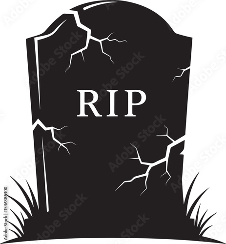 Vector art of a cracked tombstone with rip written on it is isolated on white background