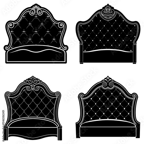 Collection of four ornate headboards with tufted designs in a black and white illustration