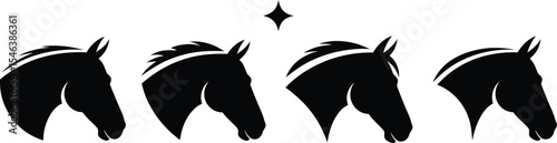 Four black horse head silhouettes in profile view