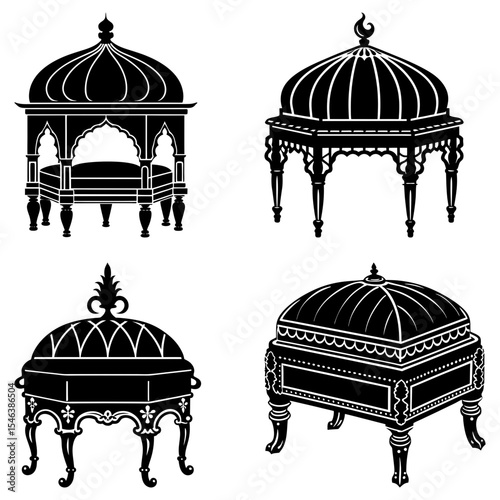 Collection of four ornate black pavilions with dome shaped roofs and decorative legs on a white background