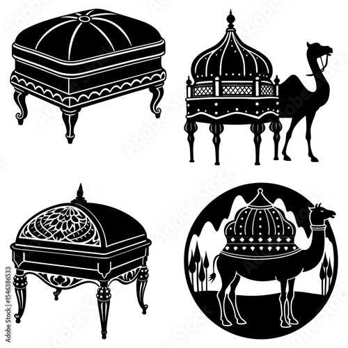 Ornate furniture and camel silhouettes featuring ottoman, palanquin, and desert landscape design