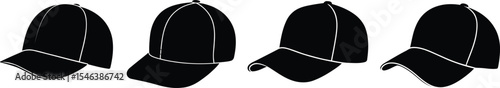 Four black baseball caps in different views vector illustration