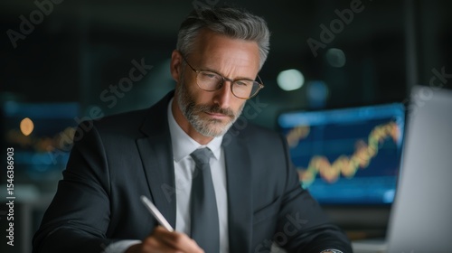 Experienced businessman diligently working late analyzes stock market data in his modern office a picture of dedication and financial expertise