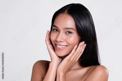 Radiant Woman Smiling with Hands on Cheeks, isolated background