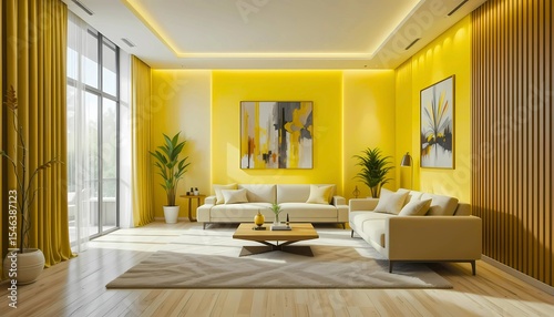 Ultra modern yellow interior room in real high-quality 8K resolution with stylish furniture, bright tones and elegant contemporary decor

 photo