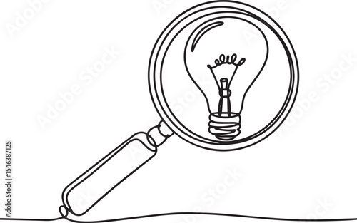 Continuous single line drawing of a magnifying glass focusing on a light bulb symbolizing discovery and idea concept

