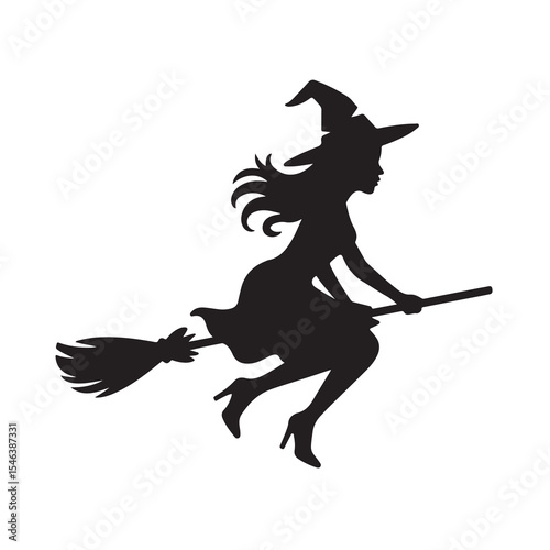 : Witch Riding Broomstick Silhouette, Halloween Magic Vector Illustration