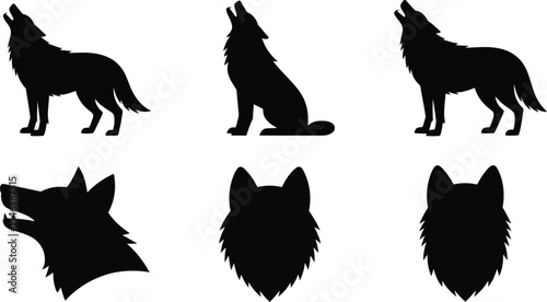 Six wolf silhouettes howling and headshots for logo design