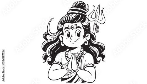 Vector illustration of cartoon lord shiv black and white drawing For children to learn to color according to the picture.
