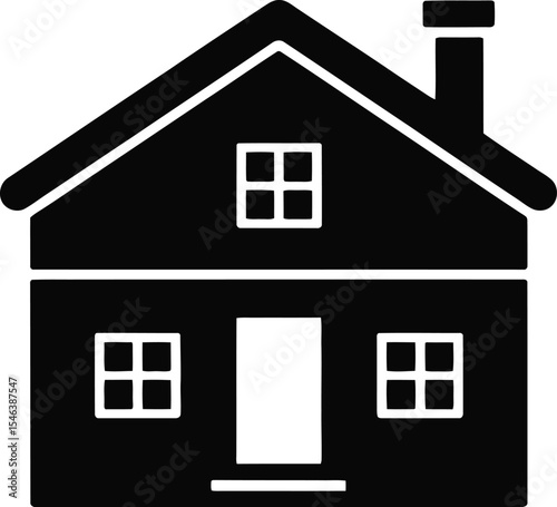 Simple black silhouette of a house with chimney and windows