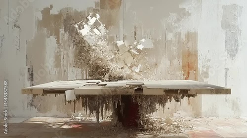Abstract representation of a chaotic scene with floating debris in a decaying interior space