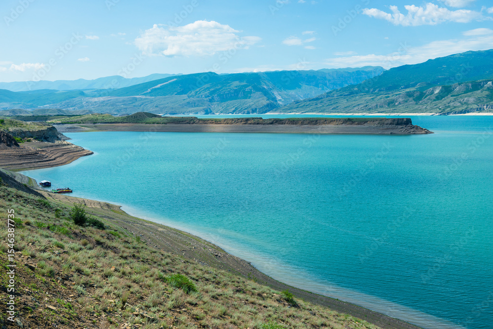 Obraz premium Beautiful landscape of the mountain Chirkey reservoir with azure water of the North Caucasus of Dagestan. Russia