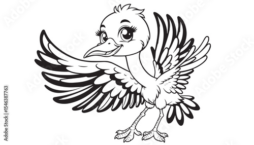 Vector illustration of cartoon bird waving wing greeting black and white drawing For children to learn to color according to the picture.
