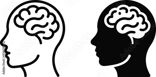 Head profile with brain icon line art and solid black version