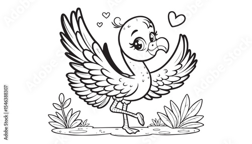 Vector illustration of cartoon flamingo bird waving wing greeting black and white drawing For children to learn to color according to the picture.
