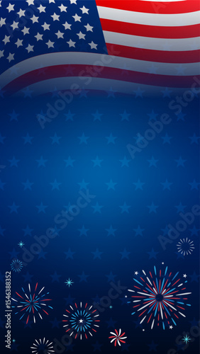 USA Background vector illustration. American flag and fireworks celebrate frame on star pattern background