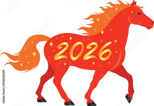 2026 Red fire horse. Vector illustration of the red fire horse symbol with stars of 2026 according to the chinese zodiac. For calendars, prints, postcards, holiday decorations, web design, new year