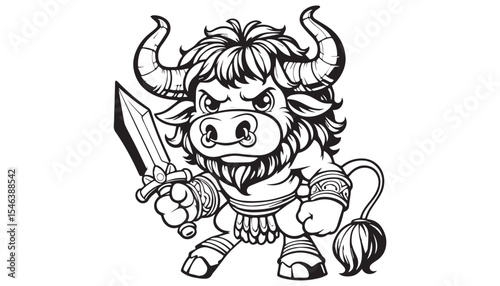 Vector illustration of cartoon angry bull black and white drawing For children to learn to color according to the picture.
