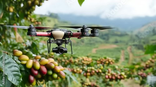 Aerial drone surveying a lush coffee plantation with vibrant crops and mountainous backdrop