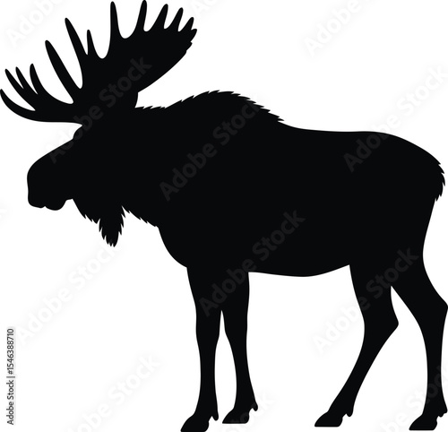 Black silhouette of a moose standing on white background