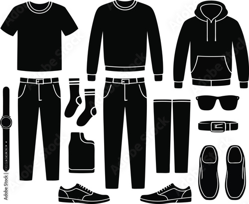 Menswear fashion outfit flat lay icons black silhouette