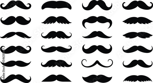 Collection of twenty four black mustache silhouettes on white background