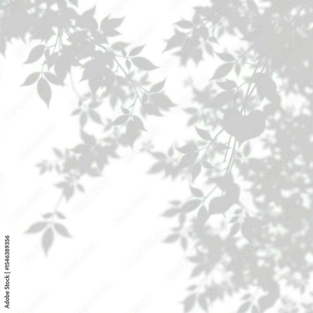 Fototapeta premium shadow overlay effect. Gray shadow of leaves isolated on white background. Plant foliage leaf shadow light effect. Mockup Blurred tree branch shadow. Ideal for summer spring design elements PNG