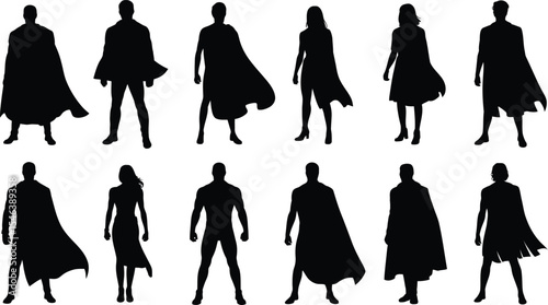 Twelve superhero silhouettes men and women in capes