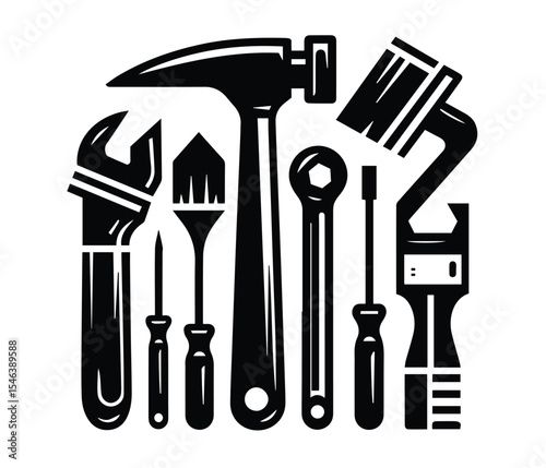 Hand Tool Silhouette Vector Set Clipart, DIY Repair Tools Black and White SVG, Construction Equipment Icon sets, Carpentry and Mechanic Tools, Workshop Repair Kit isolate on white background.