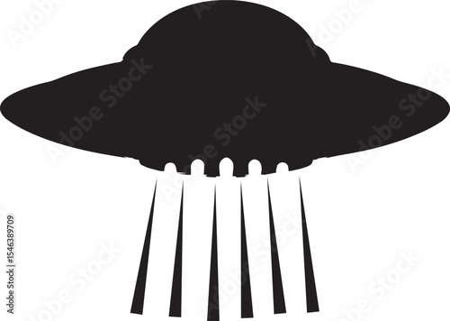 Vector art of a black ufo with beams of light isolated on white background