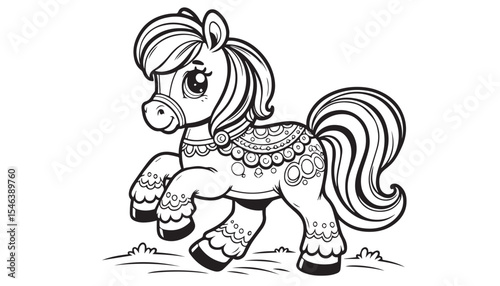 Vector illustration of cartoon horse black and white drawing For children to learn to color according to the picture.
