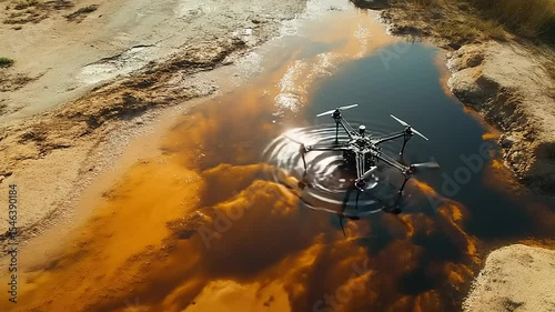 Aerial view of a drone surveying an oil-contaminated water body surrounded by dry land