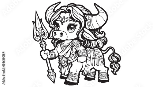 Vector illustration of cartoon angry bull black and white drawing For children to learn to color according to the picture.
