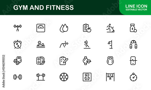 Gym Fitness, Modern Line Icon Set – Professional and Unique Collection Featuring Workout, Exercise, Health, Strength, and Training Symbols