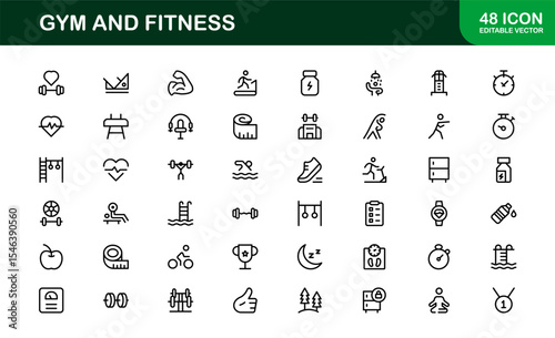 Gym Fitness, Modern Line Icon Set – Professional and Unique Collection Featuring Workout, Exercise, Health, Strength, and Training Symbols