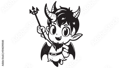 Vector illustration of cartoon Devil black and white drawing For children to learn to color according to the picture.
