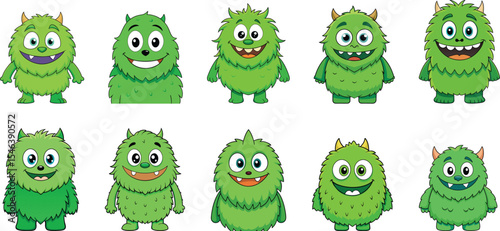 green funny monster cartoon set vector illustration