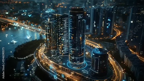 Aerial view of a futuristic cityscape at night, showcasing illuminated skyscrapers and vibrant roads
