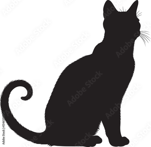 Vector art of a black cat with a curled tail sits isolated on white background