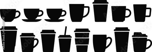 Collection of coffee cups and disposable coffee containers